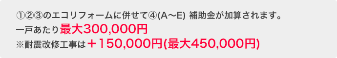 ①②③のエコリフォームに併せて④(A～E) 補助金が加算されます。